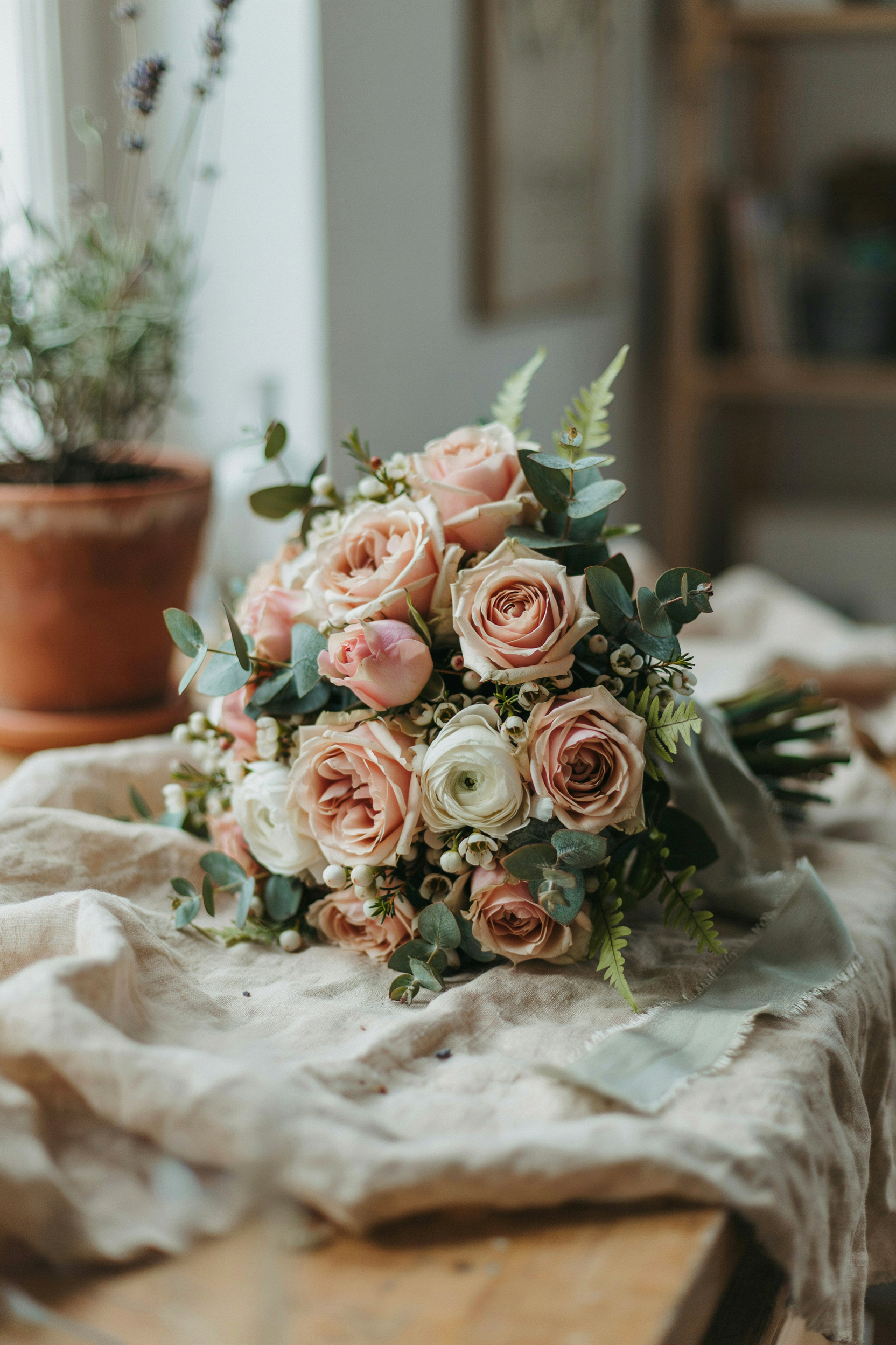 Romantic, lush bouquet of soft blush garden roses layered with ivory ranunculus and light green foliage