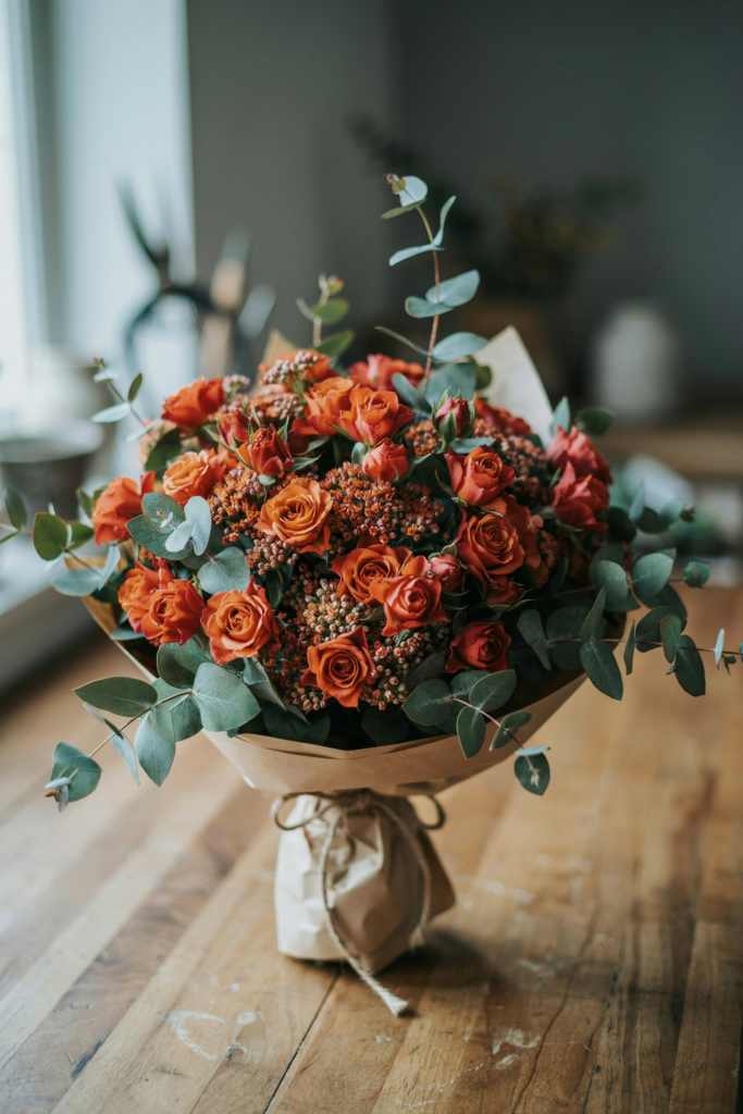 Voluminous bouquet of many small burnt orange spray roses mixed with rust-colored sedum and eucalyptus