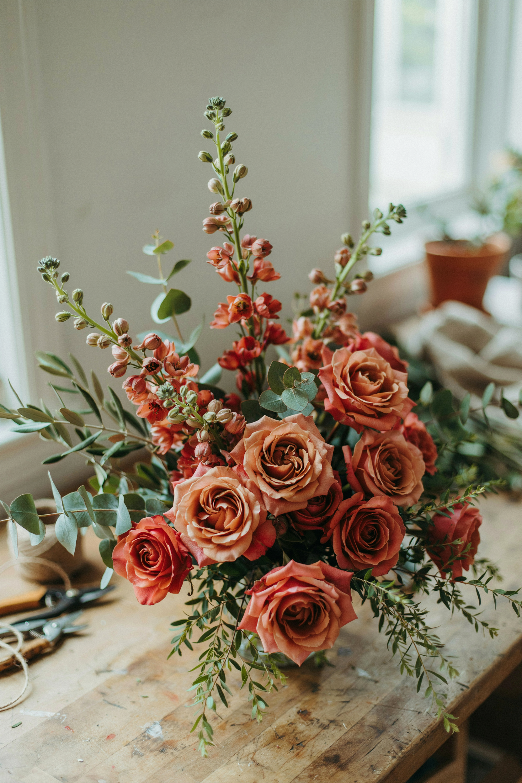 Elegant bouquet of terracotta garden roses with tall, linear copper-toned Bells of Ireland and green foliage