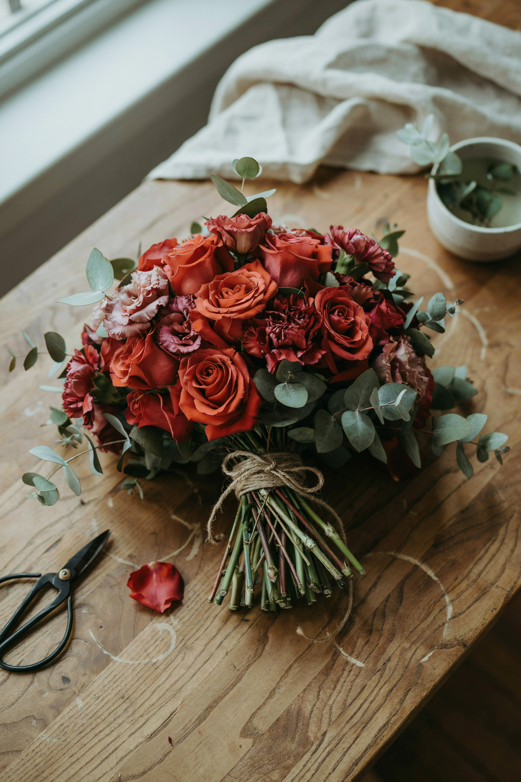 Full, voluminous hand-tied bouquet of oxblood roses layered with burgundy carnations and silver dollar eucalyptus