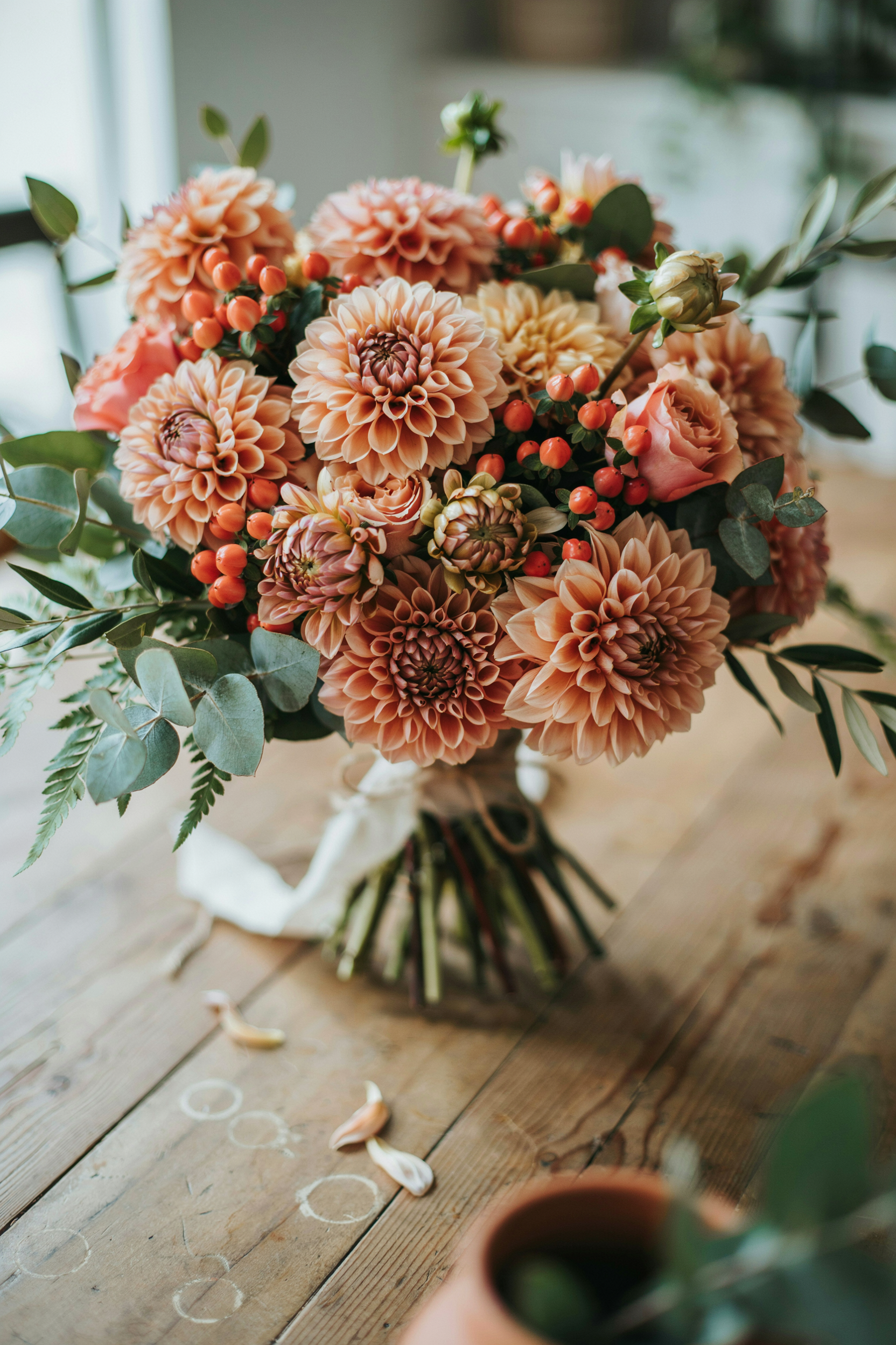 Full, warm bouquet of apricot-toned dahlias with clusters of burnt orange hypericum berries and sage green foliage