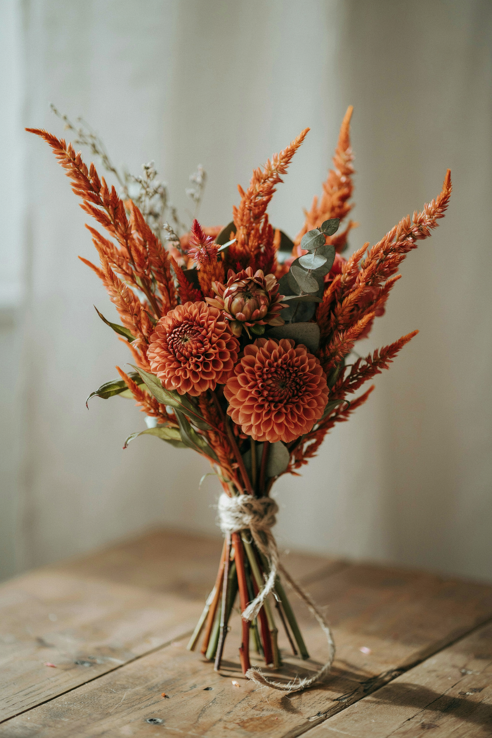 Textural bouquet of feathery burnt orange celosia mixed with geometric terracotta dahlias and twine