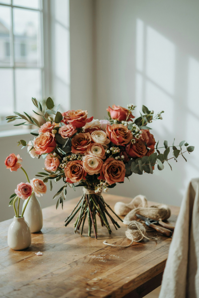Elegant bouquet of terracotta-toned garden roses layered with soft peach ranunculus and dusty greenery