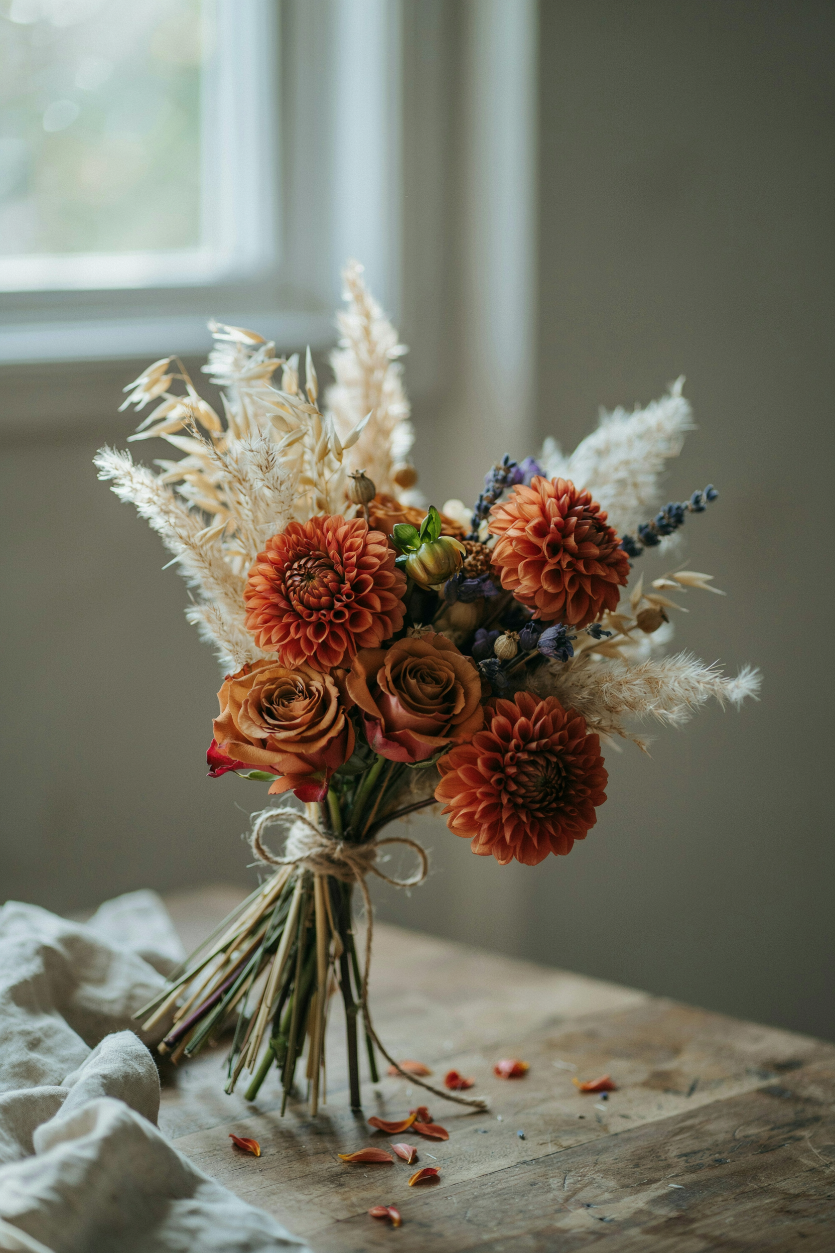 Warm, glowing bouquet of large burnt orange dahlias mixed with rust-colored garden roses and dried grasses