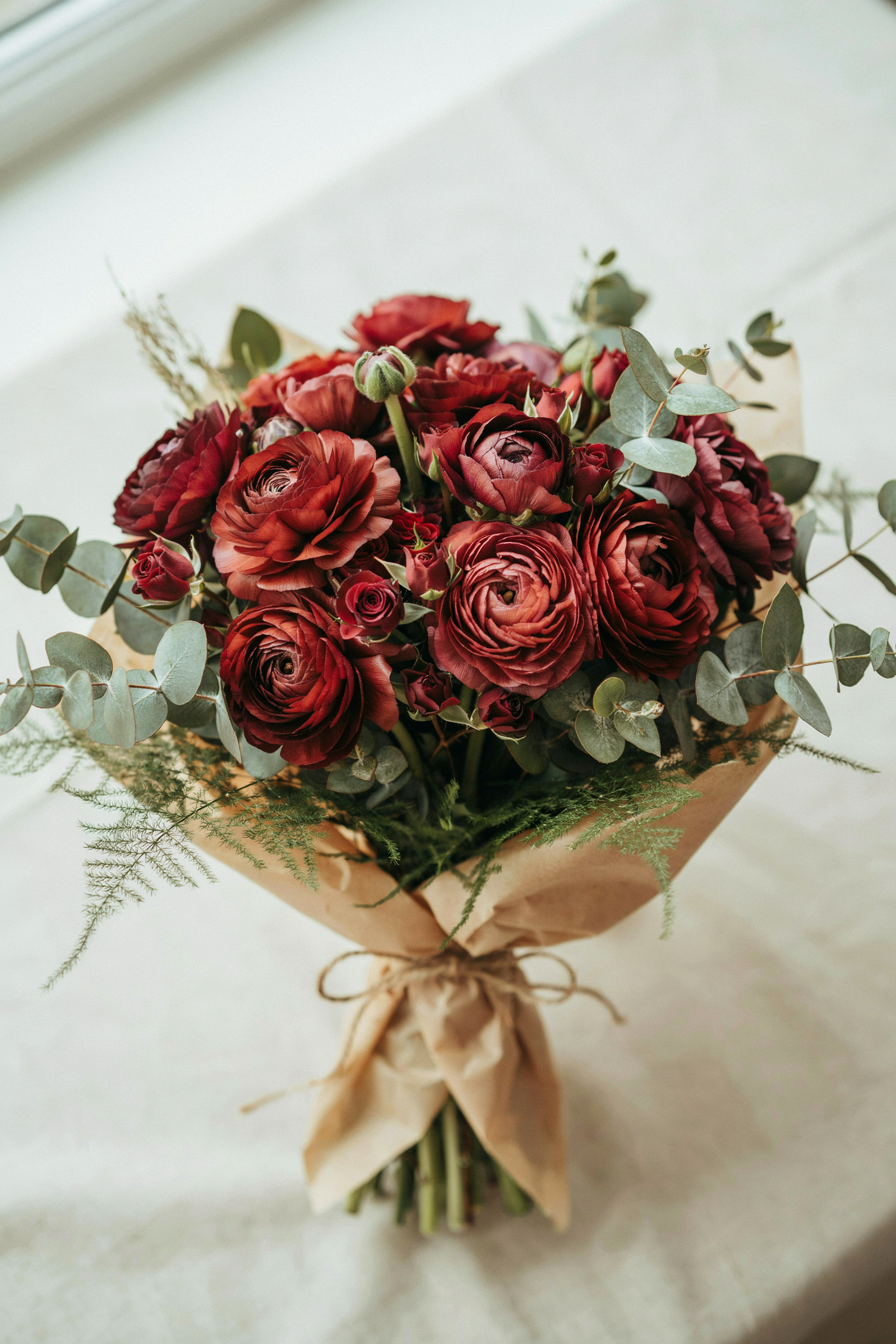 Wine Velvet Roses with Sedum