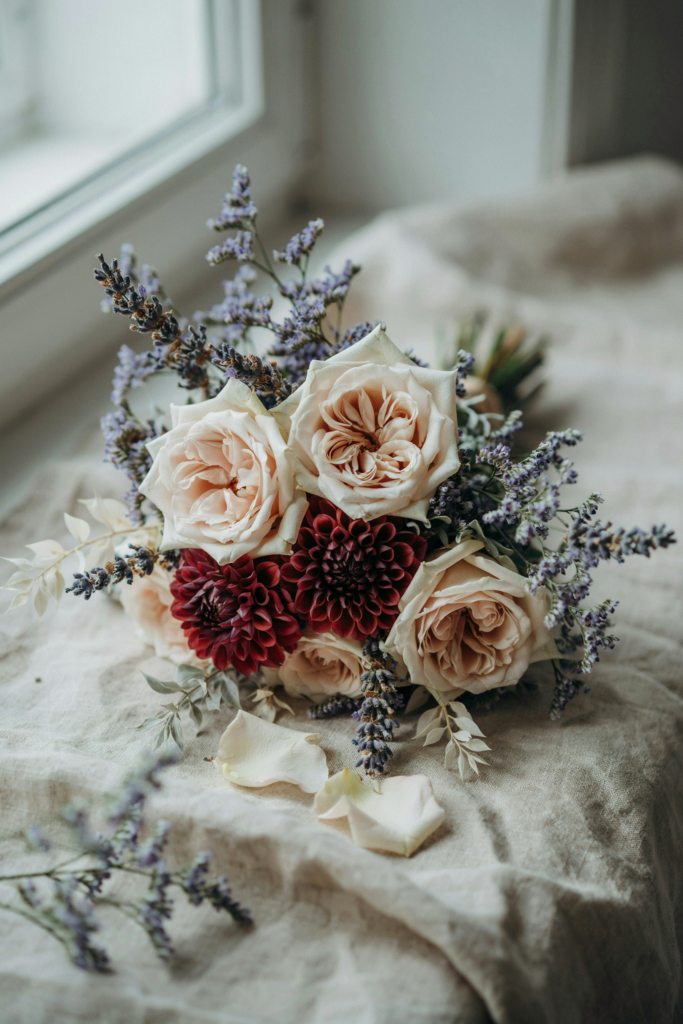 Romantic yet textural bouquet of cream garden roses, burgundy dahlias, dried lavender sprigs, and silvery dried foliage