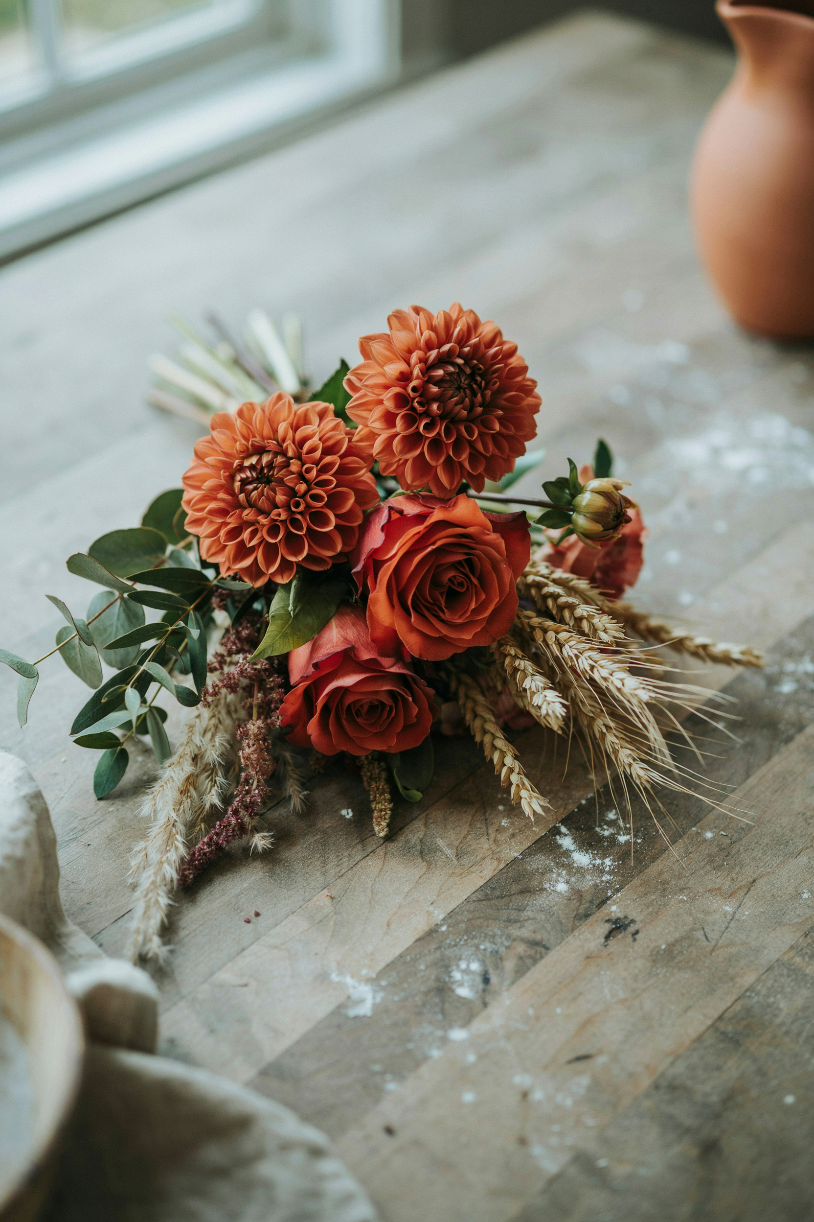 Warm, harvest-inspired bouquet of burnt orange dahlias and roses with deep green, wheat, and dried ornamental grasses