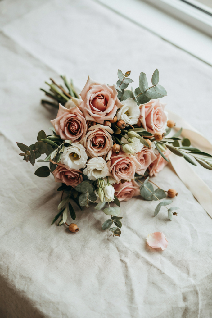 Soft, airy bouquet of blush garden roses and ivory lisianthus with green foliage and scattered dried seed pods