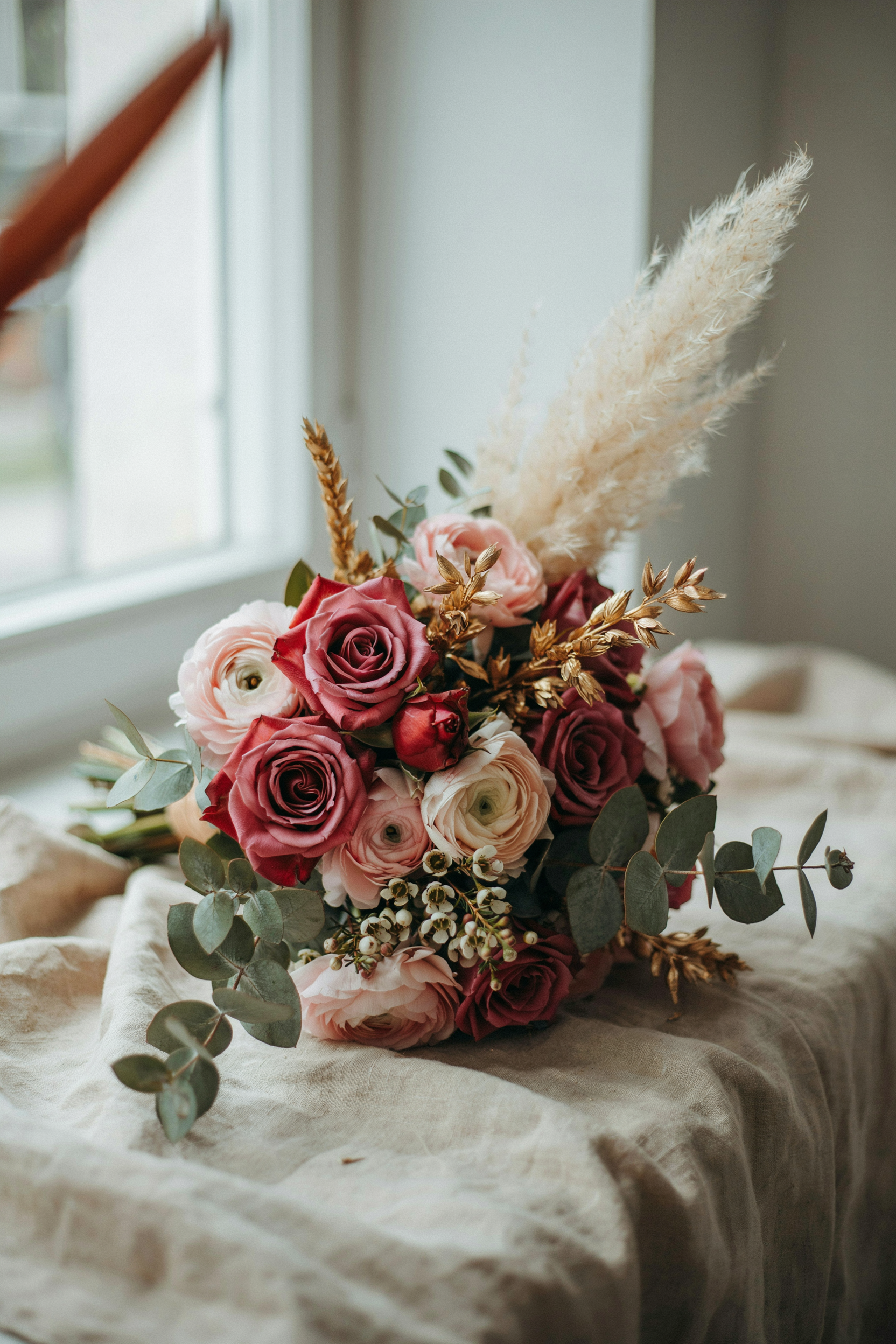 Romantic, abundant bouquet mixing burgundy roses, blush ranunculus, gold spray paint dried elements, and pampas grass