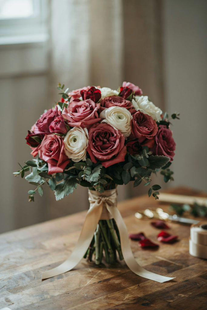 Elegant bouquet of burgundy garden roses layered with creamy ranunculus, tied with champagne silk ribbon