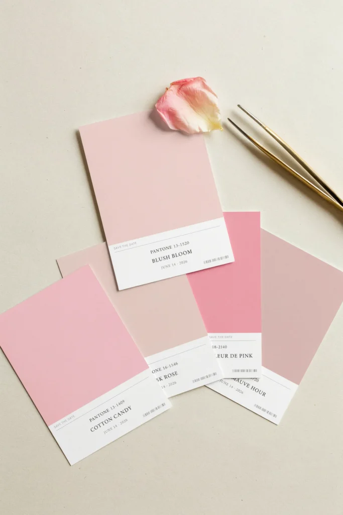 A flat lay of save-the-date cards designed to look like Pantone color swatches, each printed in the couple's signature shade of pink with the shade name and wedding date printed below
