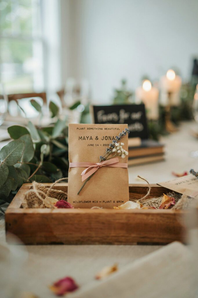  A small kraft paper seed packet stamped with the couple's names and wedding date, tied with a small ribbon and a dried flower sprig, displayed in a wooden box at a guest favor table