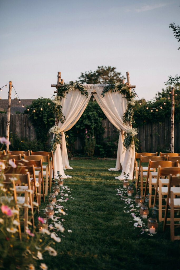 A backyard wedding ceremony space with two rows of wooden folding chairs, a simple wooden arch draped in chiffon and greenery, string lights strung between fence posts, and mason jar lanterns lining the aisle