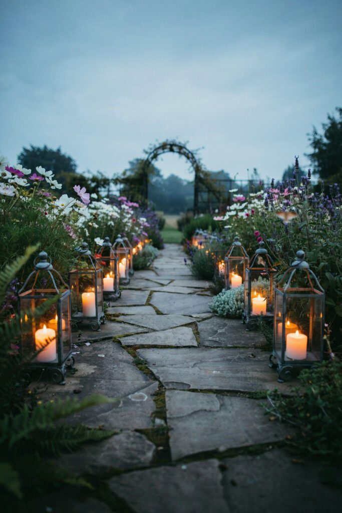 A garden pathway at twilight lined on both sides with decorative iron lanterns at ground level, each holding a glowing candle, with low flowering plants visible behind them