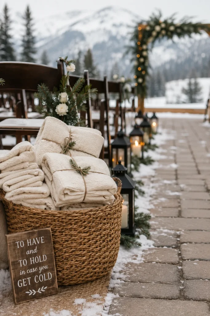 Woven basket of folded cream wool blankets at the entrance of a winter wedding ceremony aisle