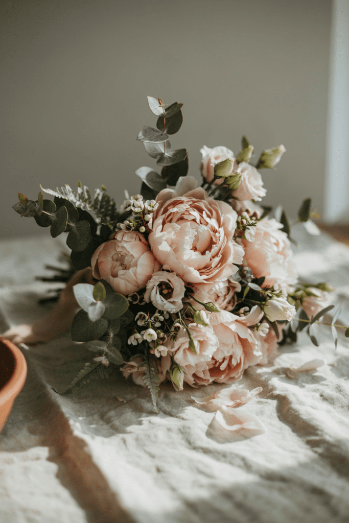Romantic, full bouquet of blush peonies with ivory lisianthus and light green foliage