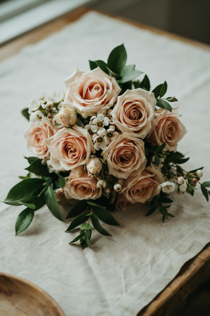 Elegant, sophisticated bouquet of champagne garden roses with smaller ivory spray roses and deep green ruscus
