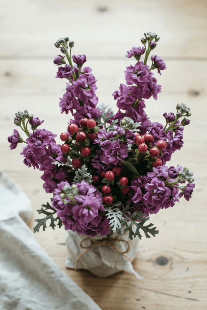Fragrant, full bouquet of deep purple stock flowers mixed with plum hypericum berries and silvery dusty miller