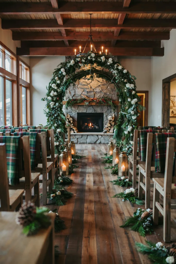A mountain lodge ceremony with plaid woolen blankets draped over wooden pew chairs, pinecone and greenery accents along the aisle, pillar candles in lanterns, and a pine branch ceremony arch with white blooms