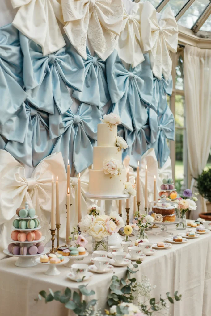 Blue and white floral bow garland backdrop behind a bridal shower dessert table