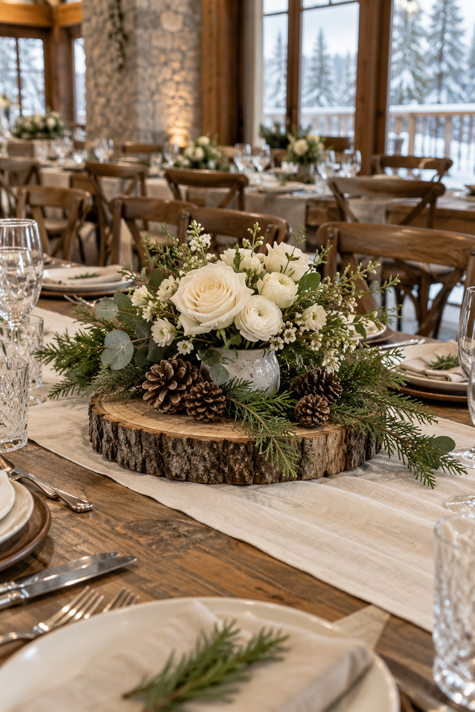 Wood slice centerpiece with evergreen sprigs, pinecones, and a small vase of ivory flowers