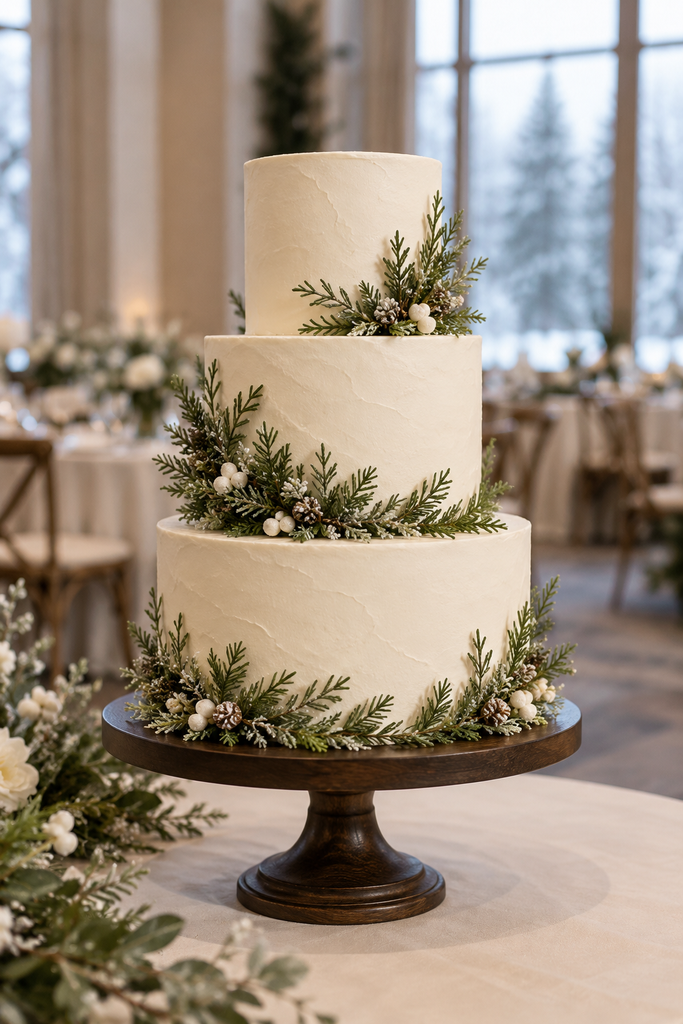 Ivory wedding cake with sugar evergreen sprigs around each tier