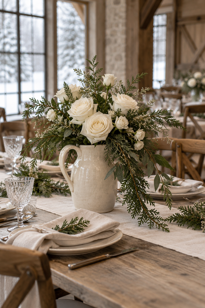 White roses and winter greenery in a cream stoneware pitcher
