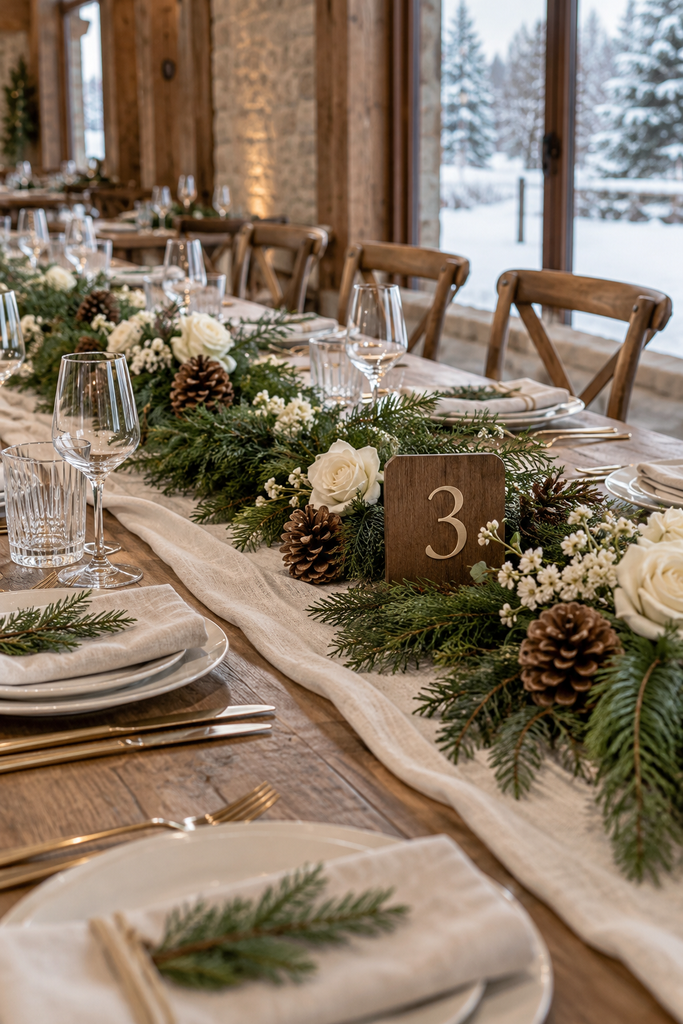 Evergreen garland with wooden table numbers on a rustic winter wedding table