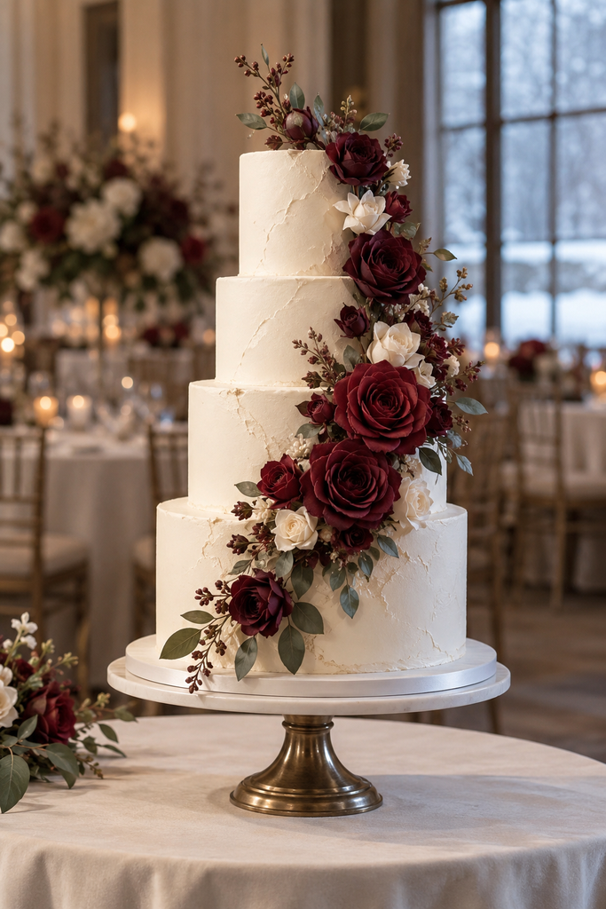Ivory buttercream wedding cake with a cascade of burgundy sugar flowers