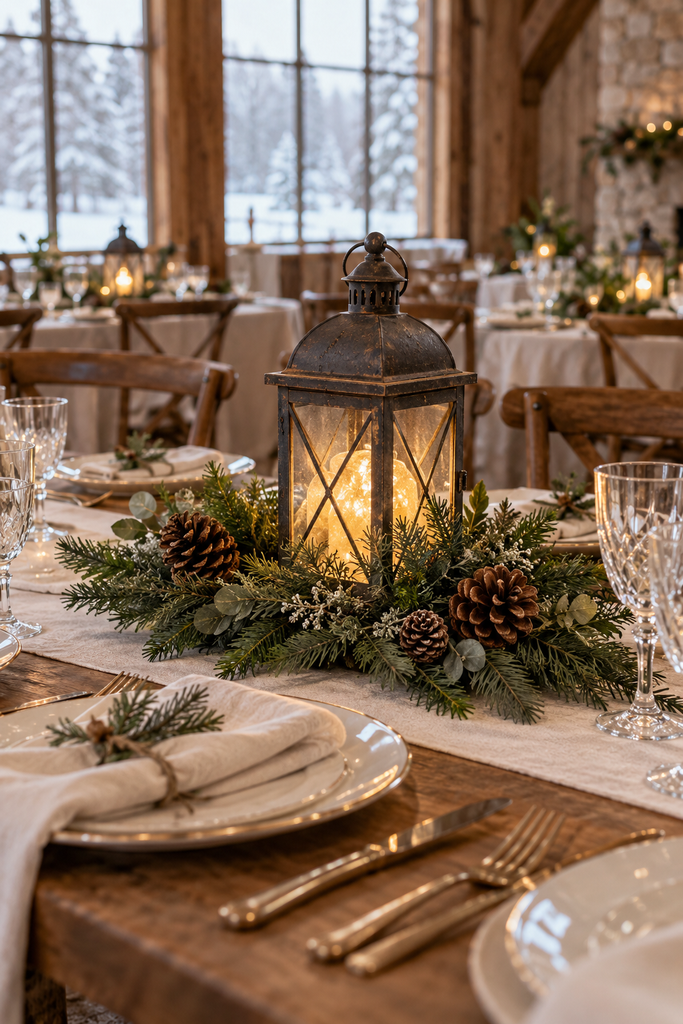 Antique-style lantern surrounded by evergreen branches and pinecones