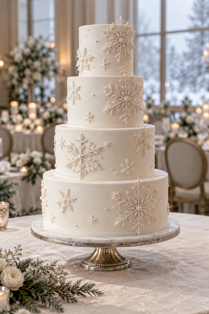 White wedding cake decorated with sugar snowflakes of different sizes