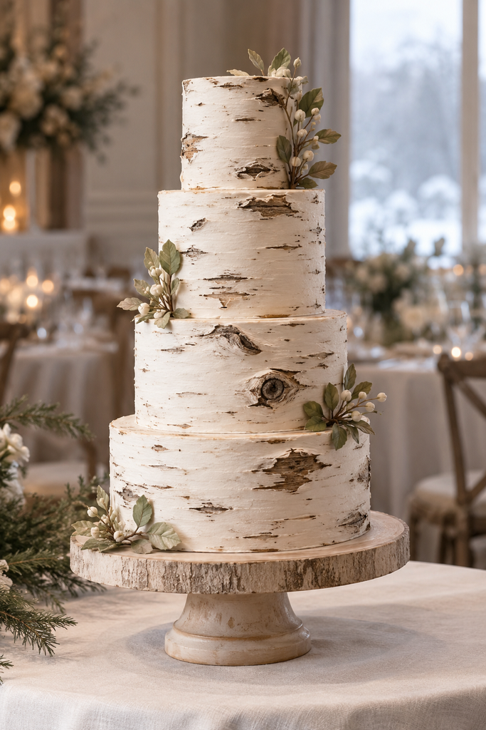 Birch bark wedding cake with gray and brown markings on white frosting