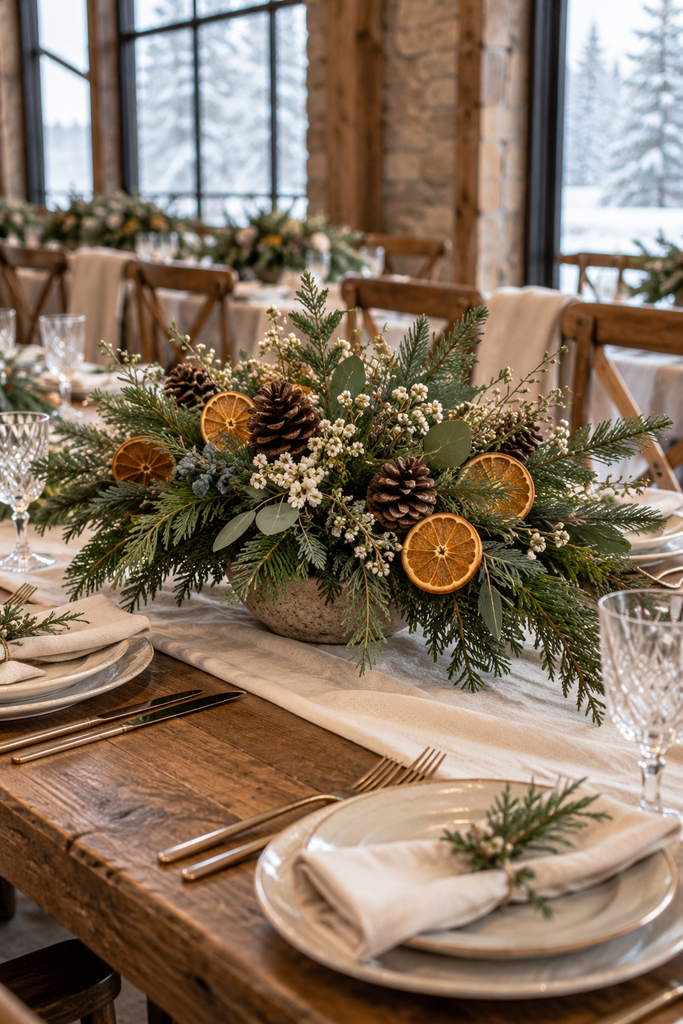 Dried orange slices with evergreen branches and pinecones as a winter centerpiece