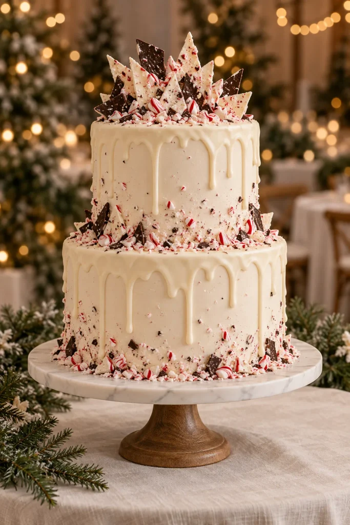 White peppermint bark drip wedding cake with crushed candy canes and chocolate bark shards