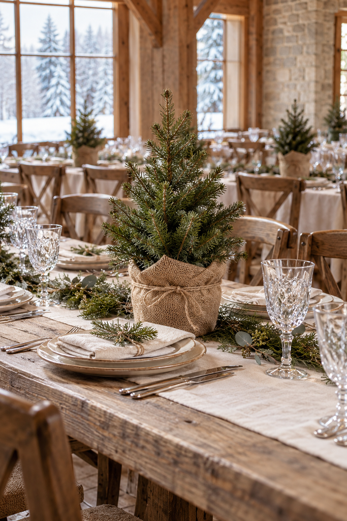 Mini evergreen trees in burlap-wrapped pots as wedding centerpieces