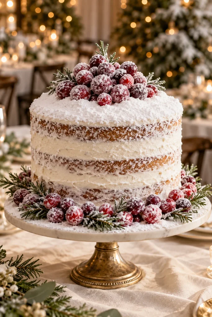 Semi-naked winter wedding cake dusted with powdered sugar and ringed with sugared cranberries