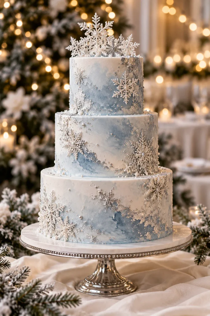 Icy blue and silver watercolor wedding cake with edible silver dust and sugar snowflakes