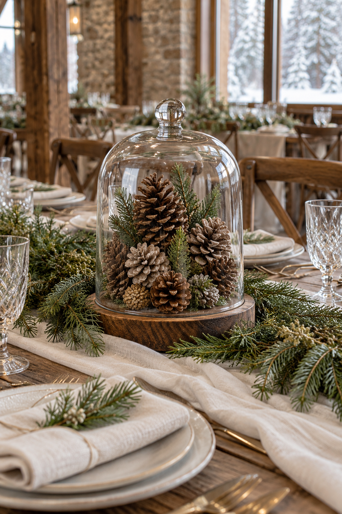 Pinecones displayed under a glass cloche on a wooden base