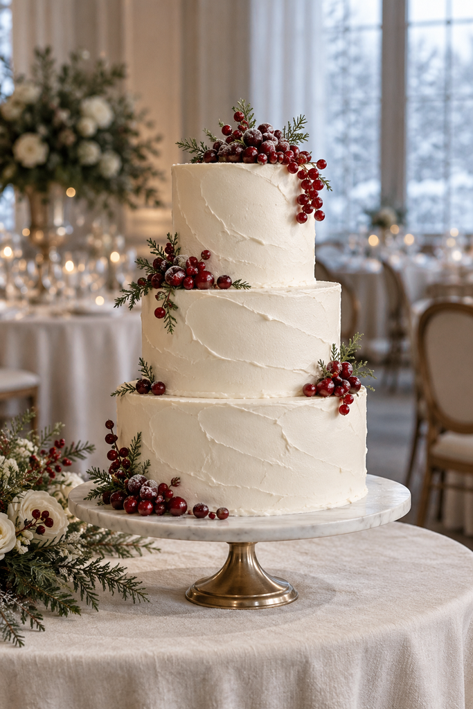 White wedding cake decorated with red winter berries