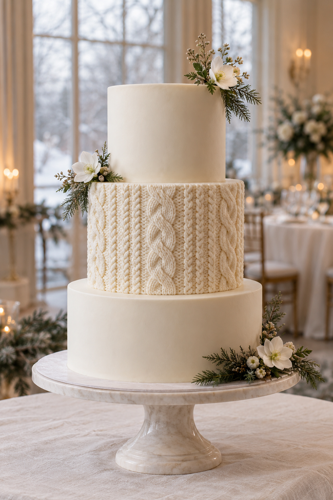 Ivory wedding cake with a cable-knit textured pattern