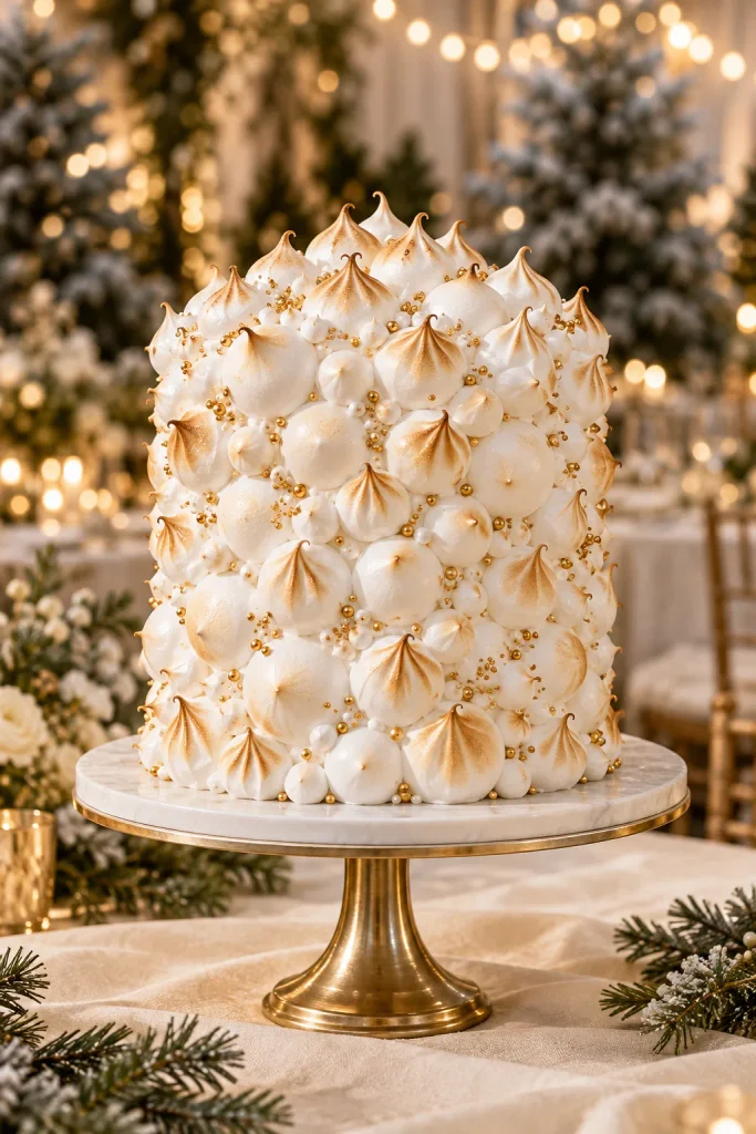 White wedding cake covered in toasted meringue kisses that look like snowballs
