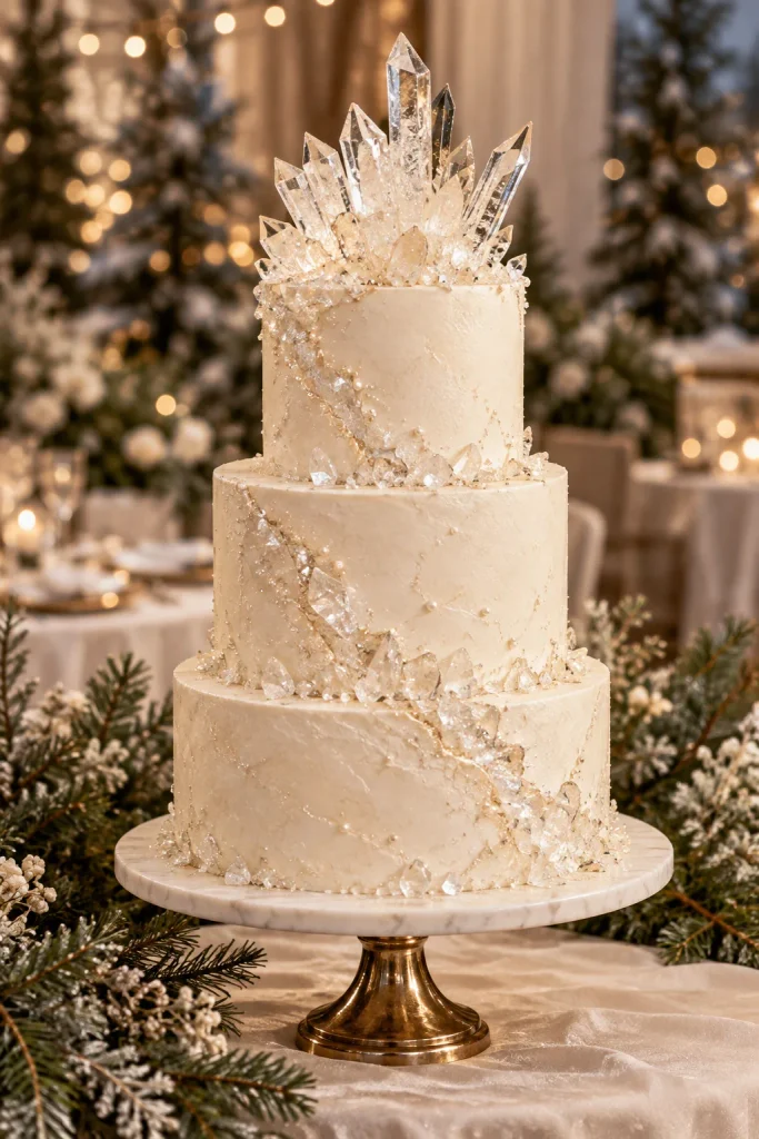 Pale winter wedding cake topped with jagged rock candy ice crystals and sparkling dust