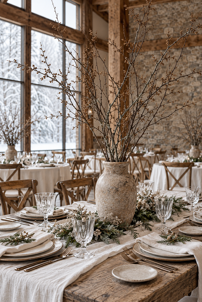 Bare winter branches in a tall earthenware vase