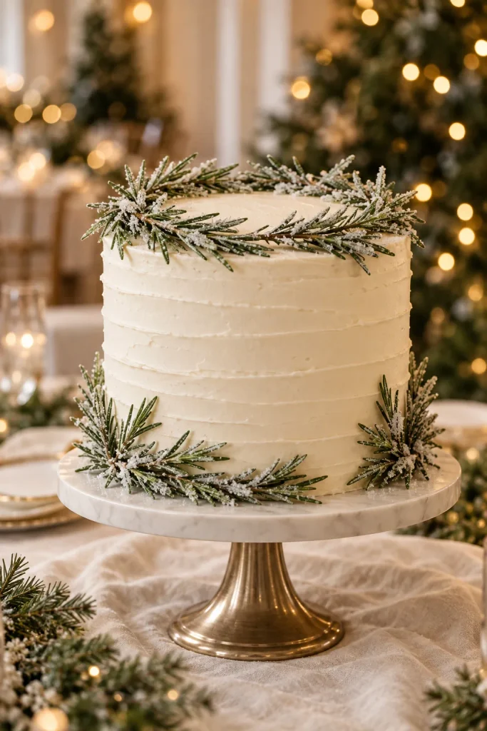 White buttercream wedding cake decorated with sugared rosemary sprigs that look like snowy pine branches
