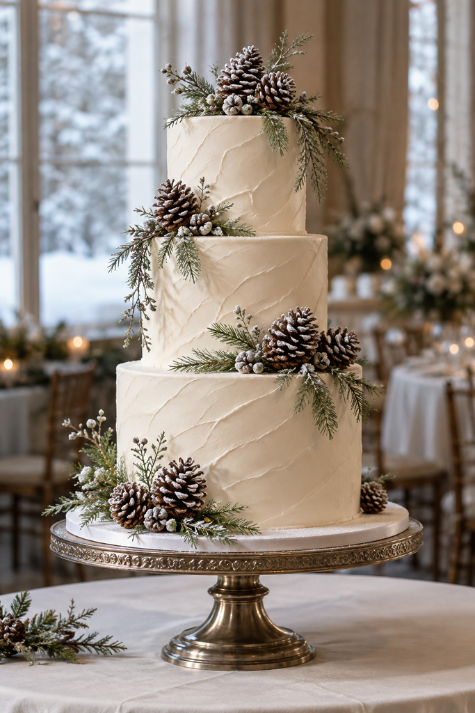 Wedding cake decorated with sugar pinecones and a dusting of powdered sugar