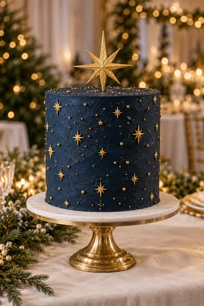 Midnight navy wedding cake scattered with gold stars and topped with one large gold star