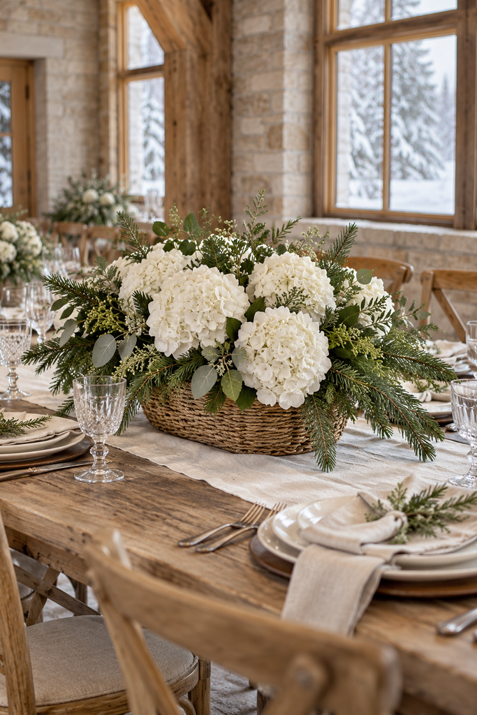 Woven basket filled with white hydrangeas and evergreen foliage