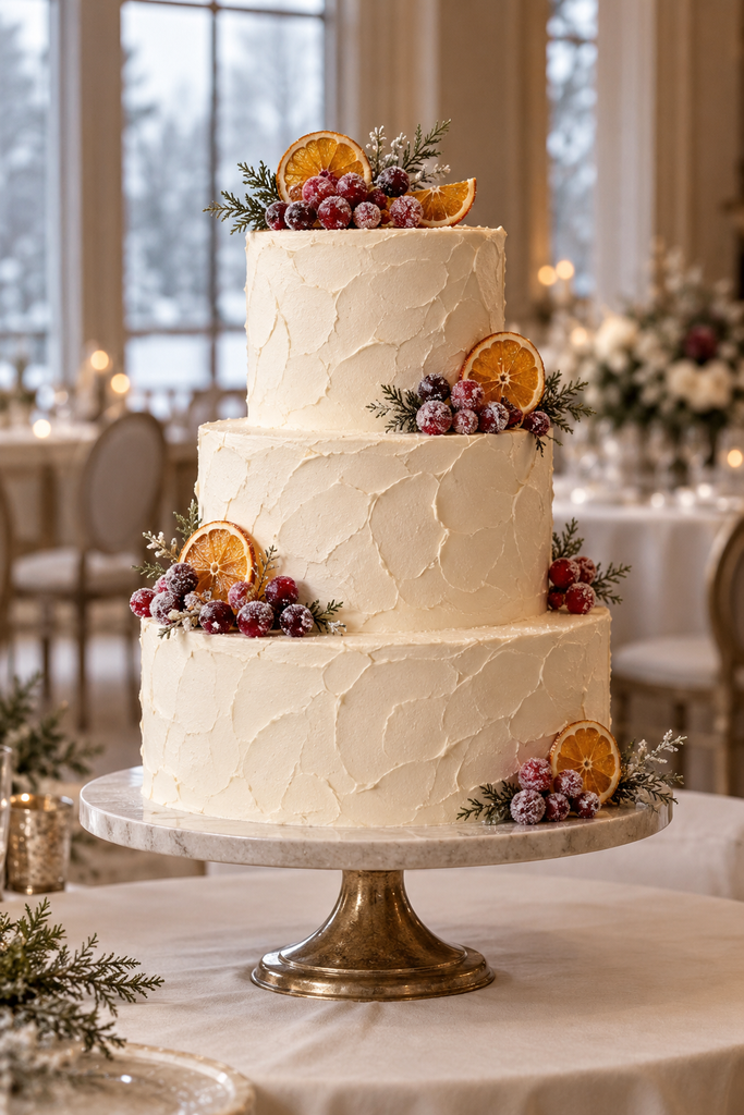 Winter wedding cake with sugared cranberries and orange slices