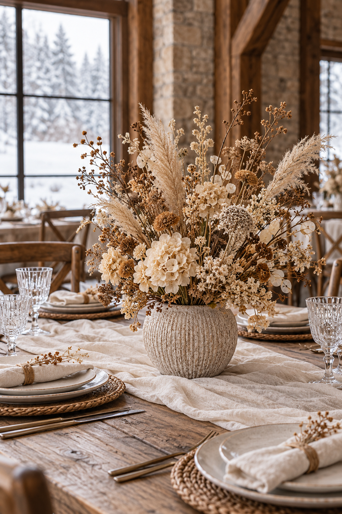 Neutral dried flowers and grasses in a textured vase