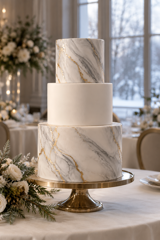 White and gray marbled wedding cake with metallic accents